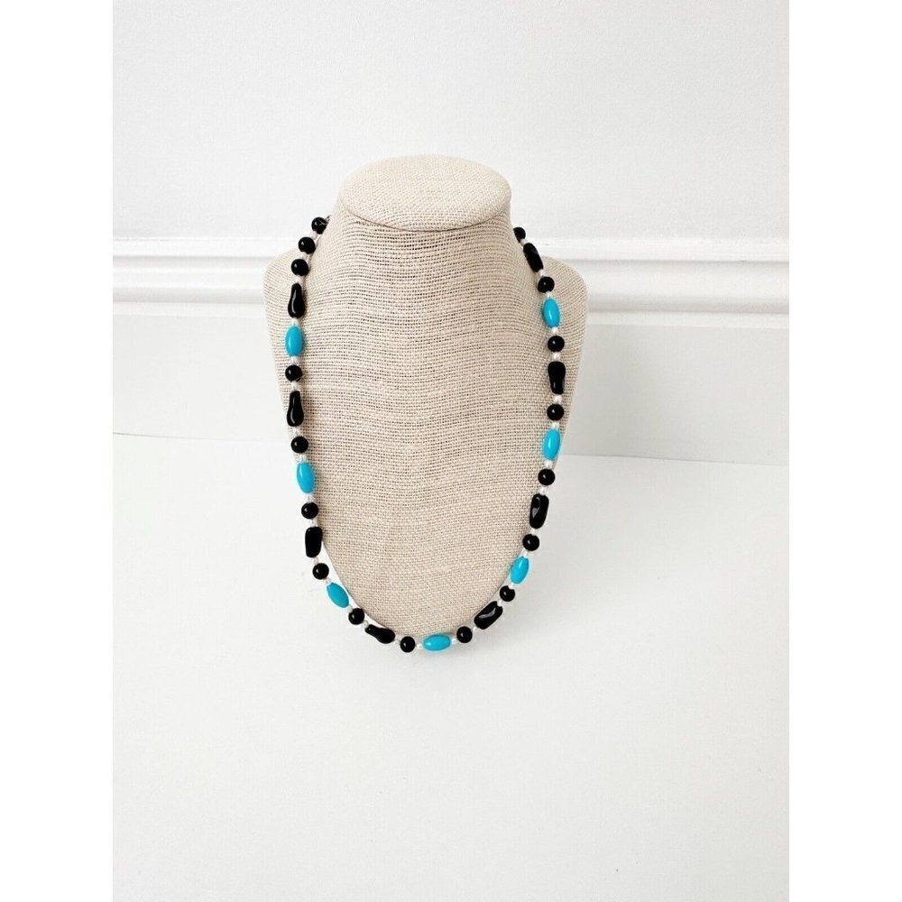 NWT Genuine Pearl, Turquoise & Onyx Necklace Blue Black White Beaded